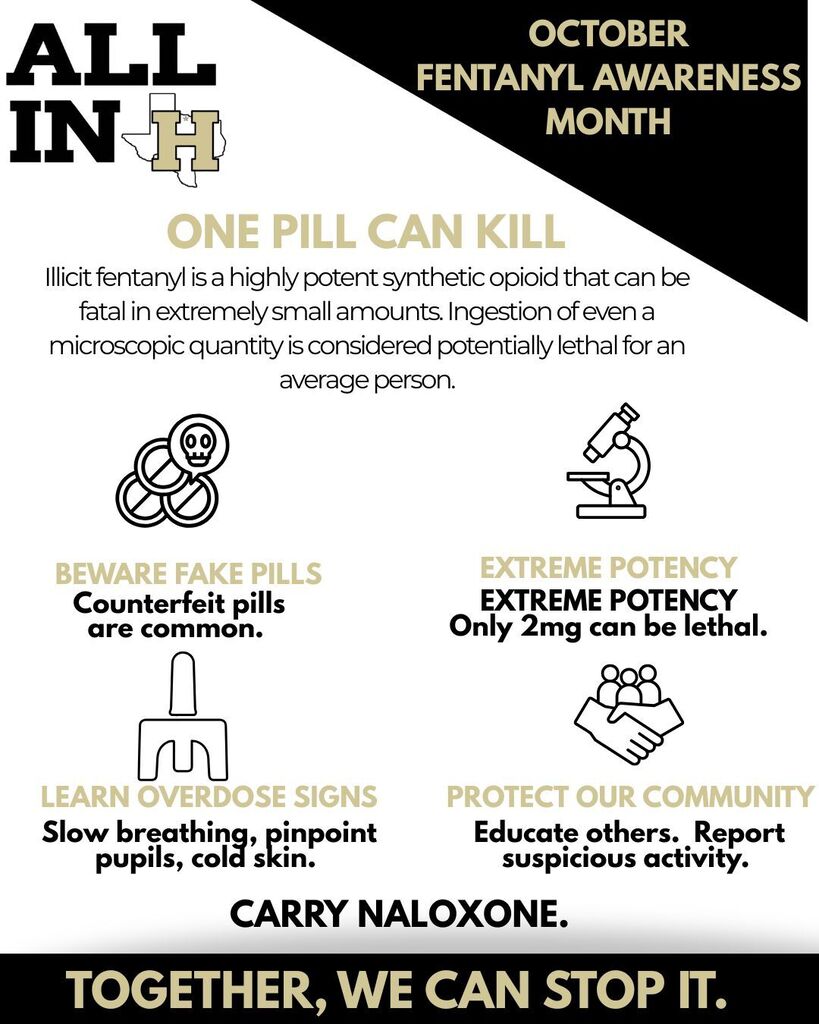 Infographic with text and icons. Text reads "One pill can kill" and "October Fentanyl Awareness Month". Icons include a skull, a pill, and a trash can.