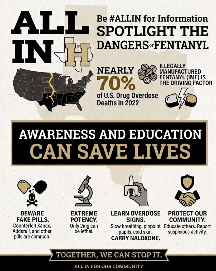 Infographic showing U.S. map, statistics on overdose deaths, and tips like "Beware Fake Pills" and "Protect Our Community".