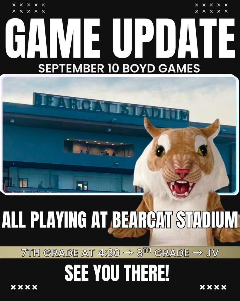 Game update for September 10. A mascot stands in front of a stadium. Schedule reads 7th grade at 4:30.