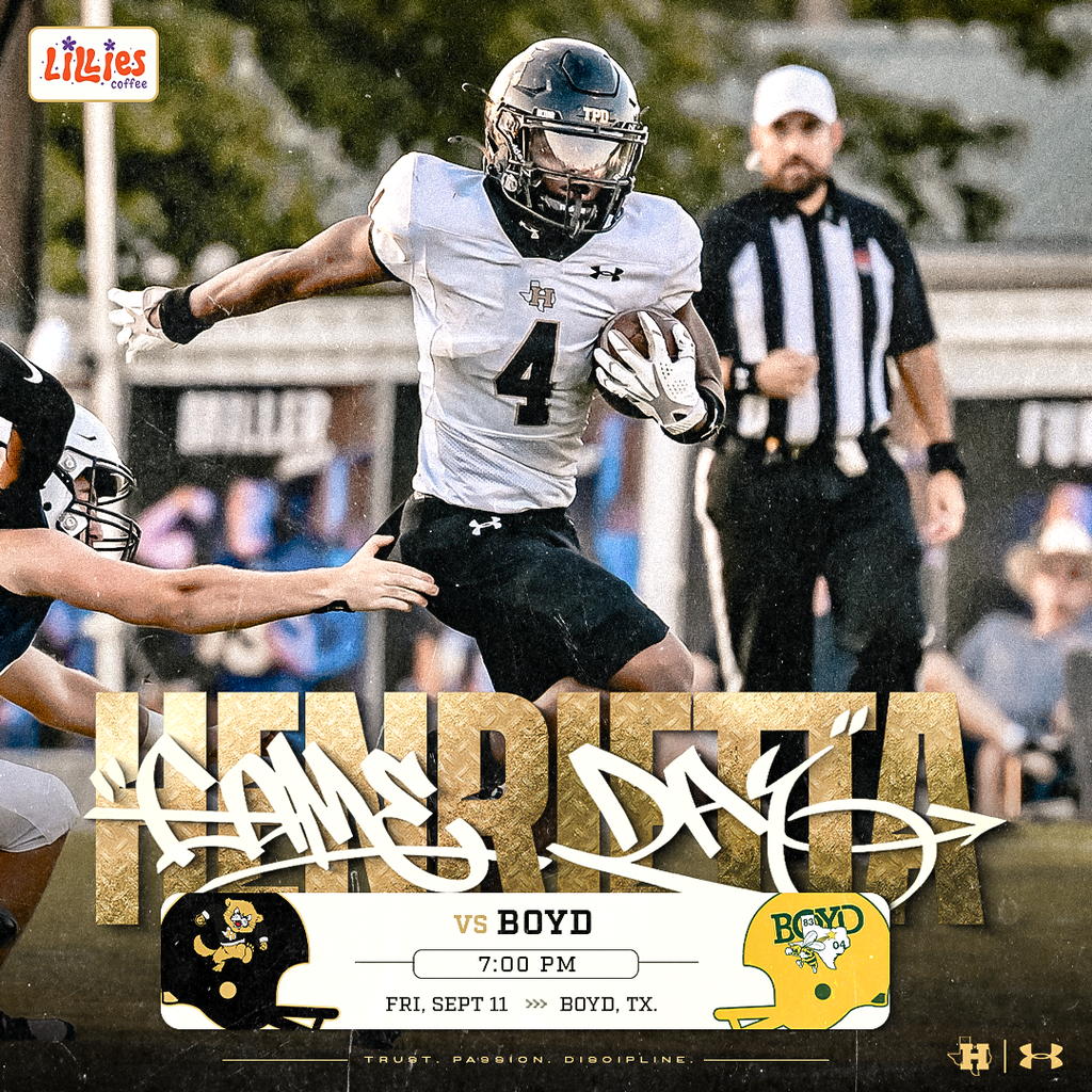 🏈 GAMEDAY | WEEK 3 Another Friday night. Another opportunity. The Bearcats are headed to Boyd tonight ready to compete, respond, and play for the guys beside them. 🆚 Boyd Yellowjackets ⏰ 7:00 PM 📍 Boyd, TX Time to go to work. TRUST. PASSION. DISCIPLINE. #TPD | #HenriettaFB