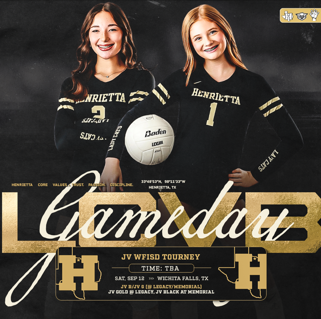 🏐 TOURNAMENT DAY | LCVB The Ladycats are headed to Wichita Falls Saturday for the JV WFISD Tournament! 🖤💛 📅 Saturday, Sept. 12 📍 Wichita Falls, TX 🏐 JV Gold — Legacy 🏐 JV Black — Memorial ⏰ Times TBA Two squads. Another opportunity to compete and represent Henrietta. Go Ladycats! 🐾 TRUST. PASSION. DISCIPLINE. #TPD | #LCVB