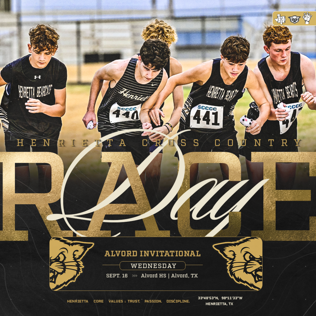 🏃 RACE DAY | HENRIETTA CROSS COUNTRY The Bearcats & Ladycats are back on the course Wednesday as they head to the Alvord Invitational! 📅 Wednesday, Sept. 16 📍 Alvord High School | Alvord, TX Compete for each other. Push the pace. Finish strong. 🐾 TRUST. PASSION. DISCIPLINE. #TPD | #HenriettaXC