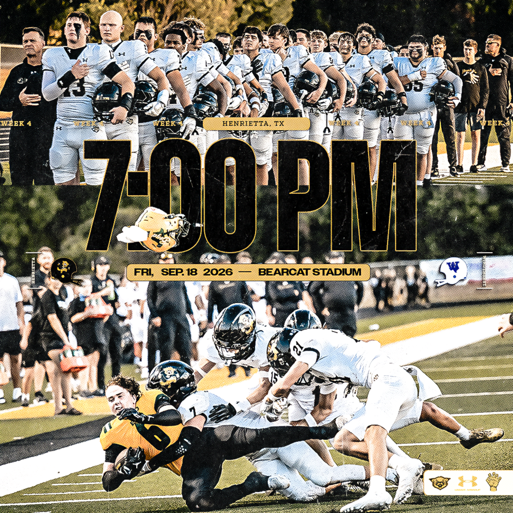 🏈 SAVE THE DATE | WEEK 4 Bearcat Football is back home this Friday! 🆚 Windthorst 📅 Friday, Sept. 18 ⏰ 7:00 PM 📍 Bearcat Stadium #TPD | #HenriettaFB