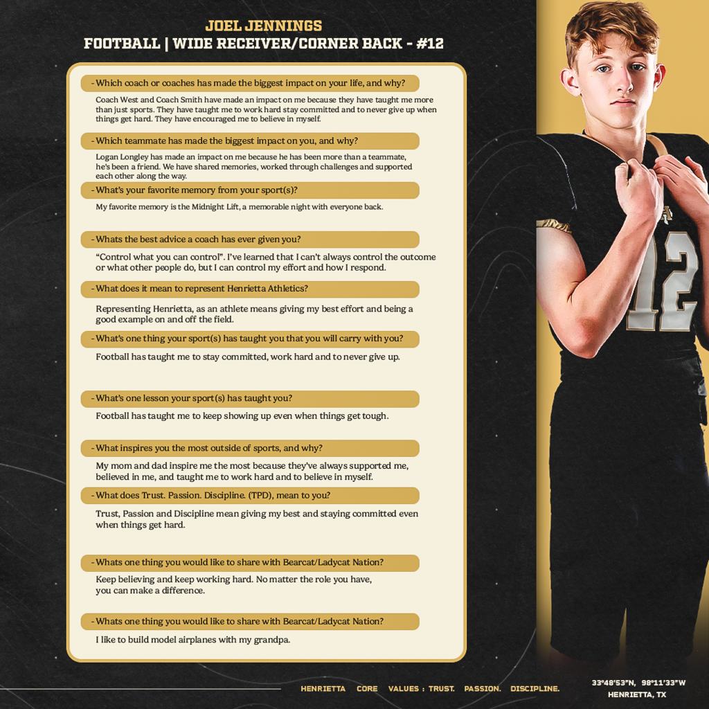 🐾 SENIOR SPOTLIGHT | JOEL JENNINGS Next up in our 2026 Senior Spotlight Series is #12, Joel Jennings! Joel’s message is built around commitment, hard work, and continuing to show up when things get tough. He credits his coaches, teammates, and family for helping shape him along the way. His message to Bearcat Nation says it best: “Keep believing and keep working hard. No matter the role you have, you can make a difference.” Enjoy your senior season, #12! #TPD | #HenriettaFB