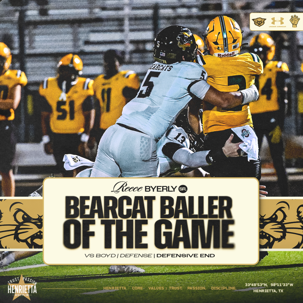 🏈 DEFENSE | REECE BYERLY 🐾 BEARCAT BALLER OF THE GAME | DEFENSE Reece Byerly earns Defensive Bearcat Baller honors for his performance in the Bearcats’ win over Boyd! Setting the edge, playing physical, and doing his job for the guys beside him. Great work, Mr. Clean! #TPD | #HenriettaFB