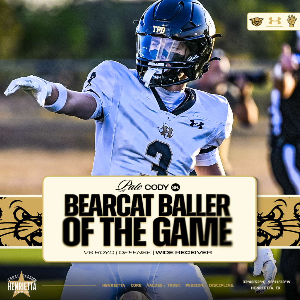 🏈 OFFENSE | PATE CODY 🐾 BEARCAT BALLER OF THE GAME | OFFENSE Pate Cody earns Offensive Bearcat Baller honors for his performance in the Bearcats’ win over Boyd! Making plays when his number was called and helping the Bearcats put 41 on the board. Great work, White Lightning! #TPD | #HenriettaFB