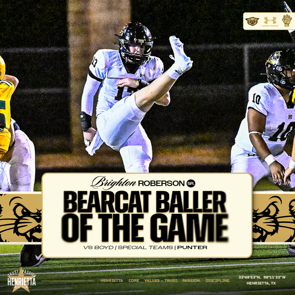 🏈 SPECIAL TEAMS | BRIGHTON ROBERSON 🐾 BEARCAT BALLER OF THE GAME | SPECIAL TEAMS Brighton Roberson earns Special Teams Bearcat Baller honors for his performance against Boyd! Doing his job in the kicking game and helping flip the field for the Bearcats. Great work, Dr. Dirty! #TPD | #HenriettaFB