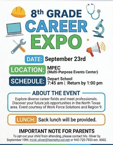 Event poster for the 8th Grade Career Expo on September 23rd. Location: MPEC. Time: 7:45am-1:00pm. Lunch provided.