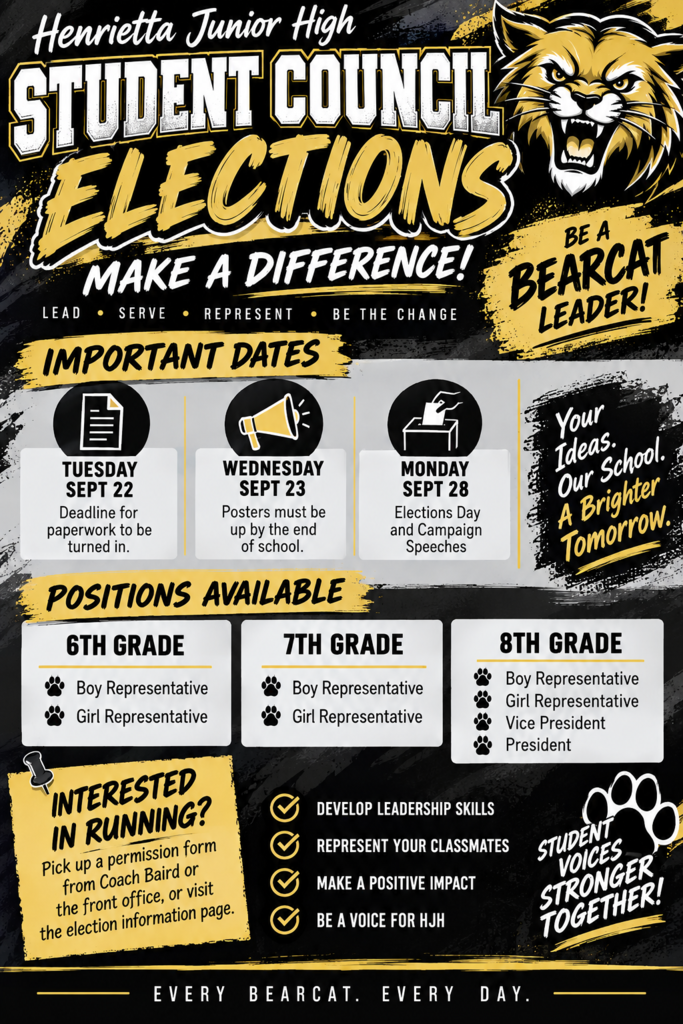 An announcement poster with a lion head highlights student council elections. Positions include boy and girl representatives for grades 6, 7, and 8.