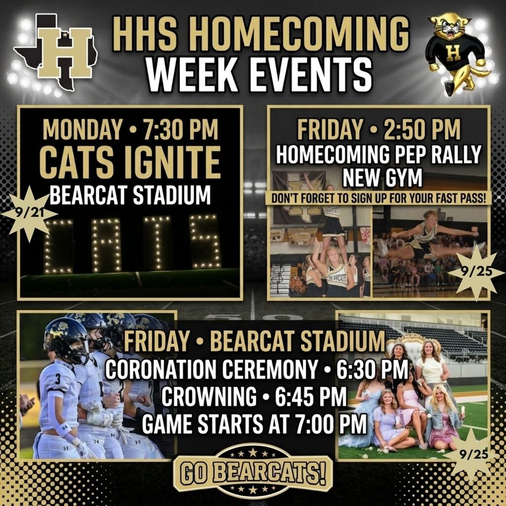Flyer for Homecoming Week events. Shows a stadium sign and pep rally. Events include: Cats Ignite on 9/21, Pep Rally on 9/25, and Coronation on 9/25.