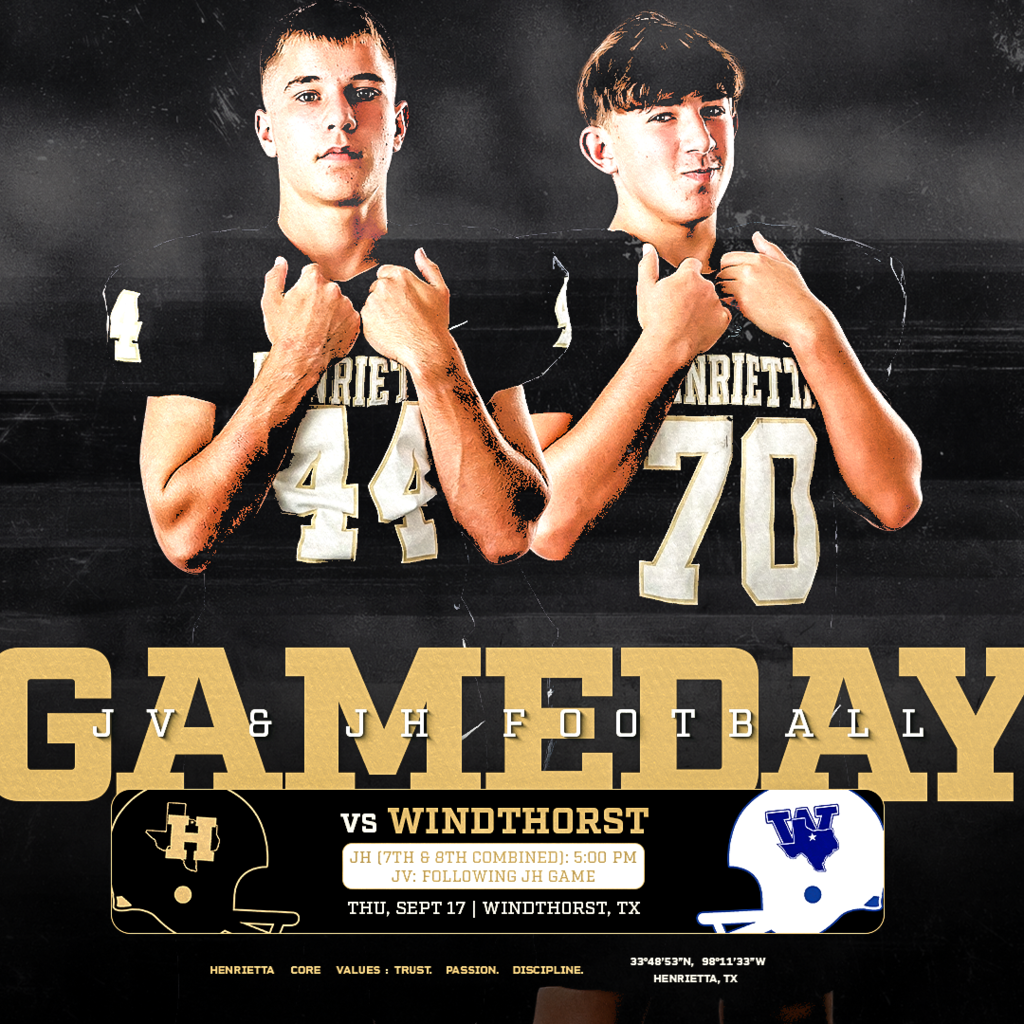 🏈 GAMEDAY | JV & JH FOOTBALL The Bearcats are headed to Windthorst Thursday for another night of football! 🏈 JH (7th & 8th Combined) | 5:00 PM 🏈 JV | Following JH 📅 Thursday, Sept. 17 📍 Windthorst, TX Hit the road. Play together. Represent Henrietta. #TPD | #HenriettaFB