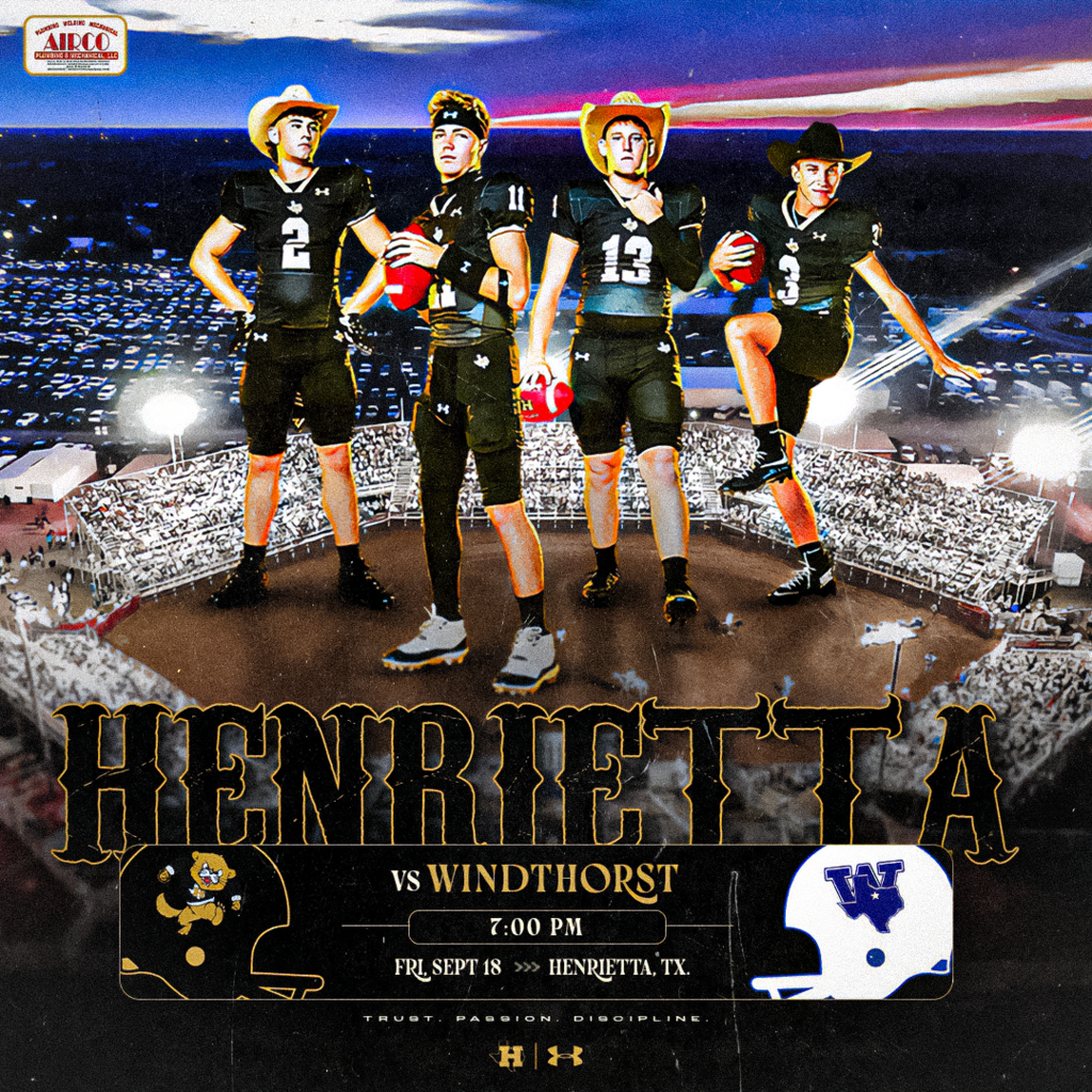 🏈 GAMEDAY IN HENRIETTA. 🤠 It’s Pioneer Reunion weekend, and after two weeks on the road, the Bearcats are finally BACK HOME! Before you head to the rodeo grounds, come pack Bearcat Stadium and get Friday night started the right way. 🆚 Windthorst ⏰ 7:00 PM 📍 Bearcat Stadium | Henrietta, TX Pioneer Reunion. Friday Night Football. Rodeo after. Henrietta… IT’S ABOUT TO GET WESTERN. #TPD | #HenriettaFB