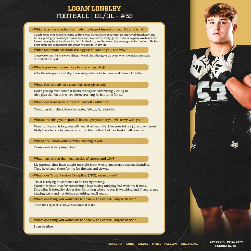 🐾 SENIOR SPOTLIGHT | LOGAN LONGLEY Next up in our 2026 Senior Spotlight Series is #53, Logan Longley! Logan’s answers reflect the importance of faith, teamwork, communication, discipline, and being there for the people around you. He credits his parents, coaches, and teammates for helping shape him both on and off the field. His message to Bearcat & Ladycat Nation is one every senior can relate to: “Time flies by fast, so have fun while it lasts.” Enjoy every moment of your senior season, #53! #TPD | #HenriettaFB