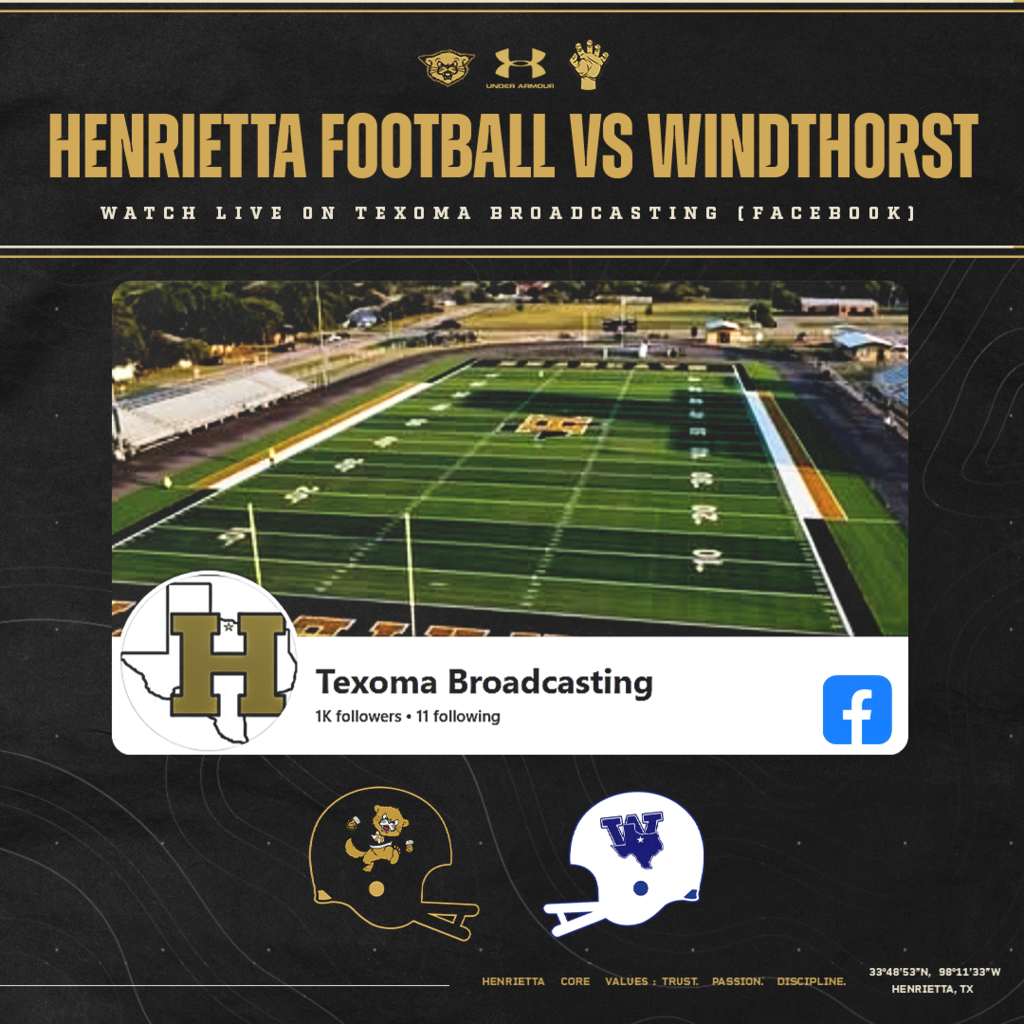 📺 CAN’T MAKE IT TO BEARCAT STADIUM? WE’VE GOT YOU COVERED! Tonight’s Henrietta vs. Windthorst game will be streamed LIVE on Facebook through Texoma Broadcasting! If you can’t be there in person, tune in and cheer on the Bearcats from wherever you are! 📺 Texoma Broadcasting — Facebook 🏈 Henrietta vs. Windthorst ⏰ 7:00 PM #TPD | #HenriettaFB