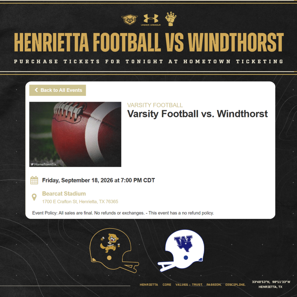 🎟️ BEARCAT FOOTBALL TICKETS | TONIGHT Friday Night Football is back at Bearcat Stadium! After two weeks on the road, the Bearcats are finally HOME and ready to take on Windthorst. 🏈 Henrietta vs. Windthorst 📅 Friday, Sept. 18 ⏰ 7:00 PM 📍 Bearcat Stadium 🎟️ Purchase tickets online: https://tinyurl.com/ymb9nthb At the gate: Cash or card accepted. Online tickets: All sales are final. No refunds or exchanges. It’s Pioneer Reunion Friday, the Bearcats are back home, and it’s about to get Western. 🤠 Pack the stands. Bring the energy. See you tonight! #TPD | #HenriettaFB