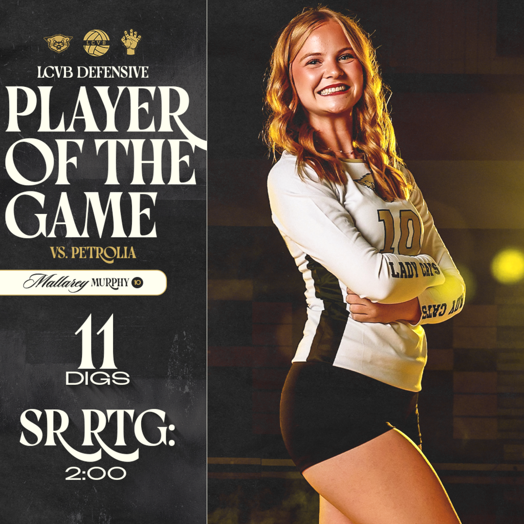 🏐 LCVB DEFENSIVE PLAYER OF THE GAME | VS PETROLIA Mallarey Murphy led the defensive effort in the Ladycats’ win over Petrolia! 🐾 11 Digs ⏱️ 2:00 Serve Receive Rating Great work keeping plays alive and giving the Ladycats opportunities to score. Way to compete, Mallarey! 🖤💛 #TPD | #LCVB