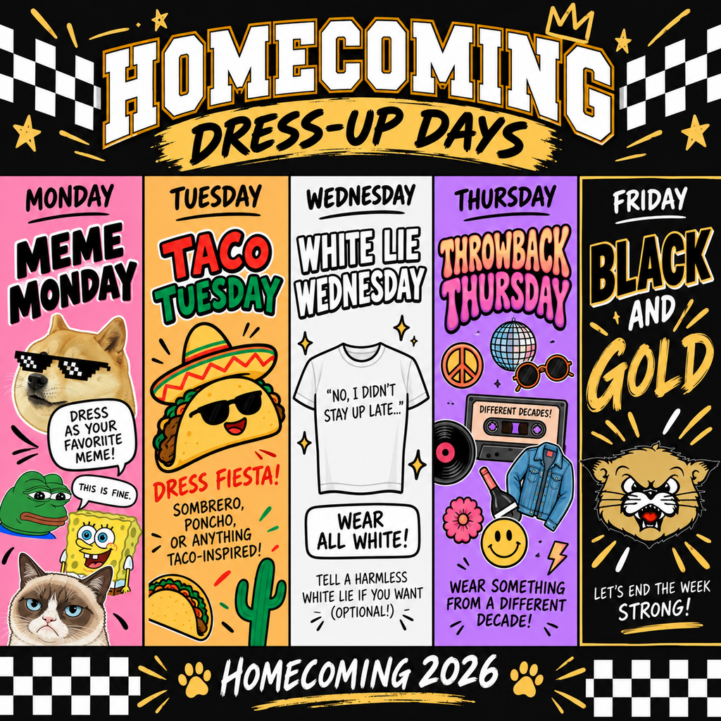 Poster with black background and white text reading "Homecoming Dress-Up Days". Five icons, each labeled with a theme.