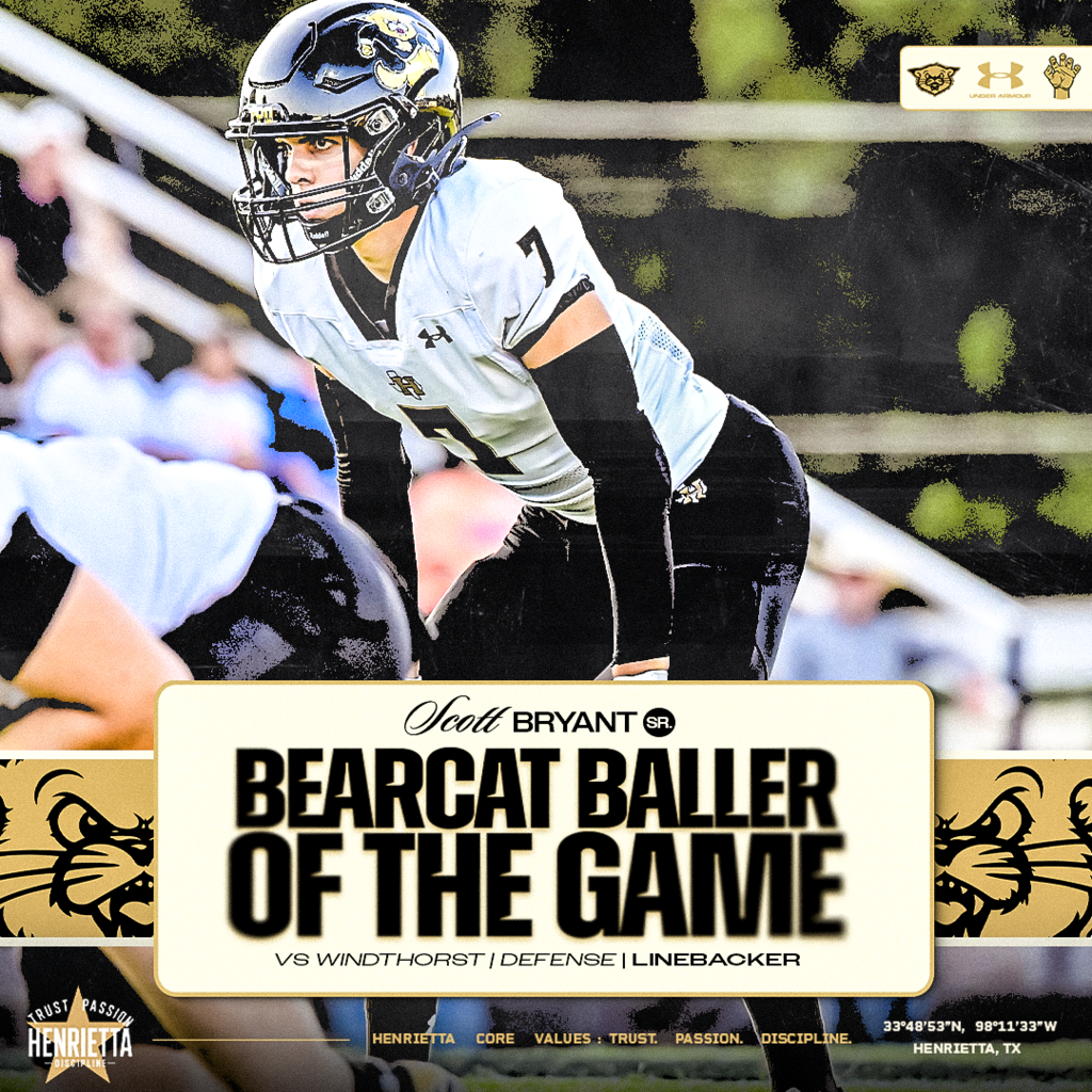 🏈 BEARCAT BALLER OF THE GAME | DEFENSE #7 Scott Bryant | Senior | Linebacker Scott earns Defensive Bearcat Baller of the Game honors vs. Windthorst. Another night of leading from the middle and competing for the guys around him. Keep setting the standard, #7. #TPD | #HenriettaFB