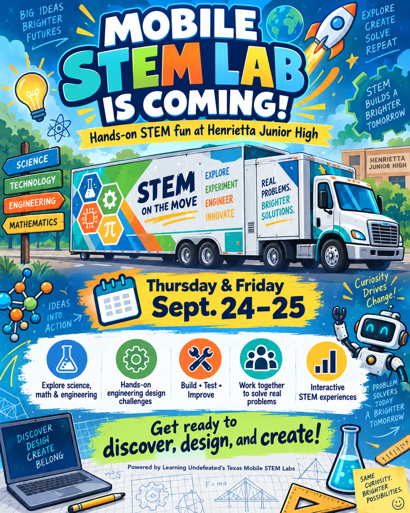 Bright colors with a mobile STEM truck on the left and a calendar on the right. Text reads "Mobile STEM Lab is Coming!"