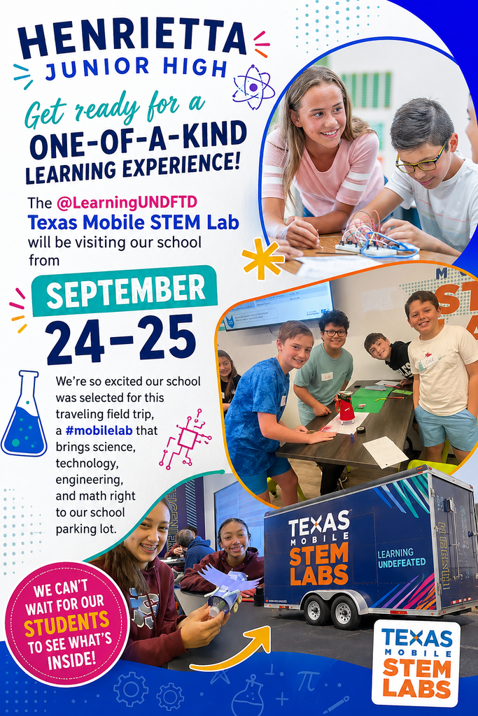 A poster advertising the Texas Mobile STEM Lab visit. It shows students engaged in hands-on activities.