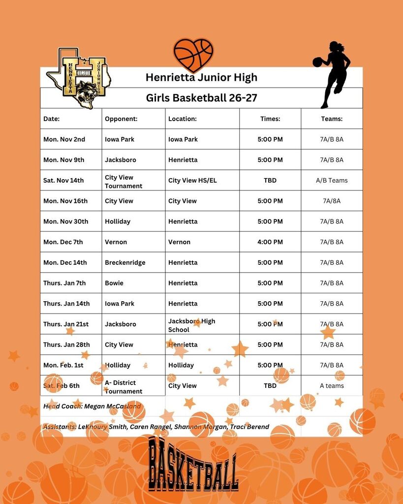 HJH Girls Basketball Schedule 26-27