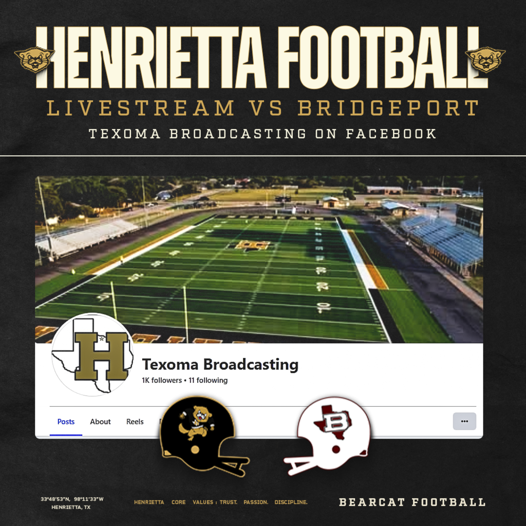 🏈 HOMECOMING GAMEDAY INFO | HENRIETTA vs. BRIDGEPORT 🎟️ TICKETS Purchase your tickets online through HomeTown Ticketing: https://events.hometownticketing.com/boxoffice/henriettaisd/L2VtYmVkL2FsbA%3D%3D 🏈 Henrietta vs. Bridgeport ⏰ 7:00 PM 📍 Bearcat Stadium | Henrietta, TX 👑 Homecoming 2026 📺 CAN’T MAKE IT? Catch the livestream on Texoma Broadcasting’s Facebook page. Whether you’re in the stands or watching from home, come support the Bearcats on Homecoming Night! #TPD | #HenriettaFB