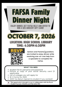 Flyer for FAFSA Family Dinner Night on October 7, 2026. Details include time, RSVP, and items needed for FAFSA assistance.