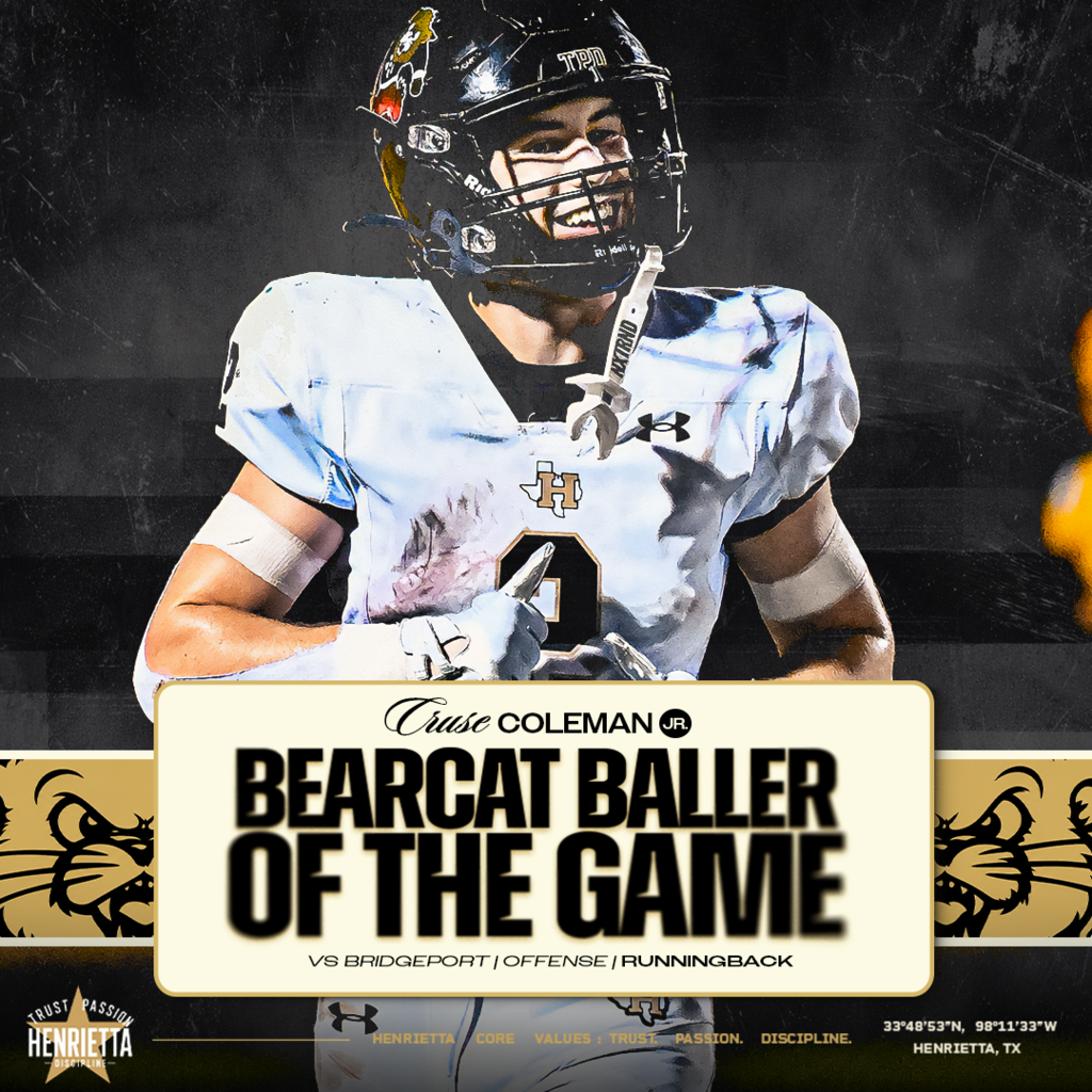 BEARCAT BALLER OF THE GAME | OFFENSE Cruse Coleman | Junior | Running Back Cruse earns Offensive Bearcat Baller of the Game honors vs. Bridgeport. Another strong night of running hard, competing, and helping the Bearcats move the football. Keep setting the standard, #2. #TPD | #HenriettaFB