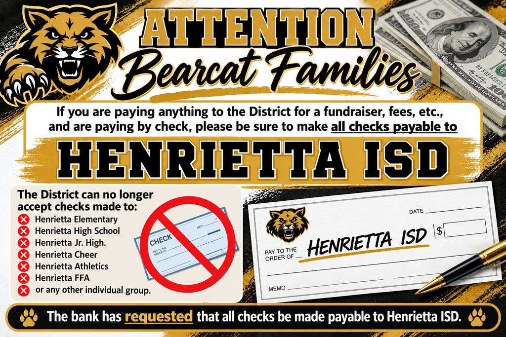 A sign reads "Attention Bearcat Families" with a logo of a cat. A crossed-out check and a checkmark are shown. Money and a pen are nearby.