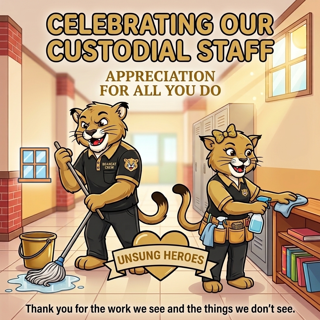 Two cartoon cats in uniform clean a school hallway, one with a broom and the other with a cloth.