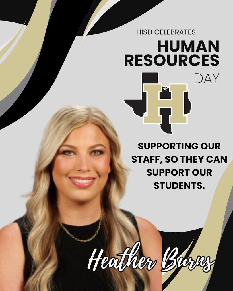 A smiling blonde woman in a black top stands against a black and gold background. Text reads "HISD Celebrates Human Resources Day."