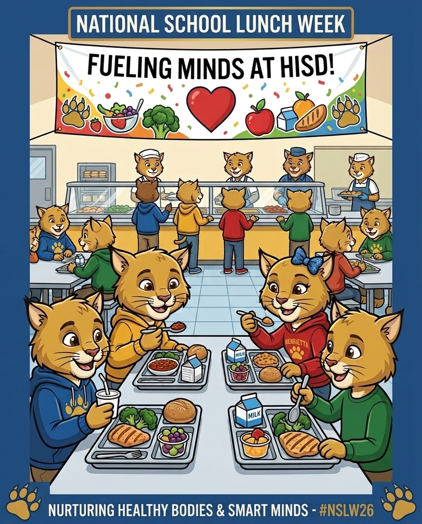 Animated scene with cats eating lunch at school. Trays of food. Banner reads, "National School Lunch Week: Fueling Minds at HISD."