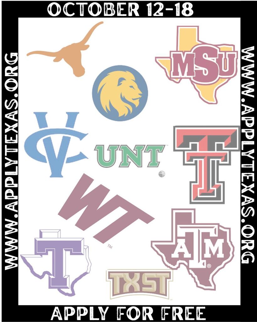 Collage of university logos in various colors and styles. Logos include UT, UNT, and others. Text reads "Apply for Free".