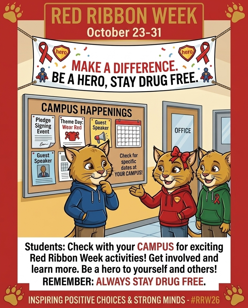 Poster with red ribbon. Three cartoon cats, two in red and one in blue, stand with a bulletin board. Dates October 23-31.