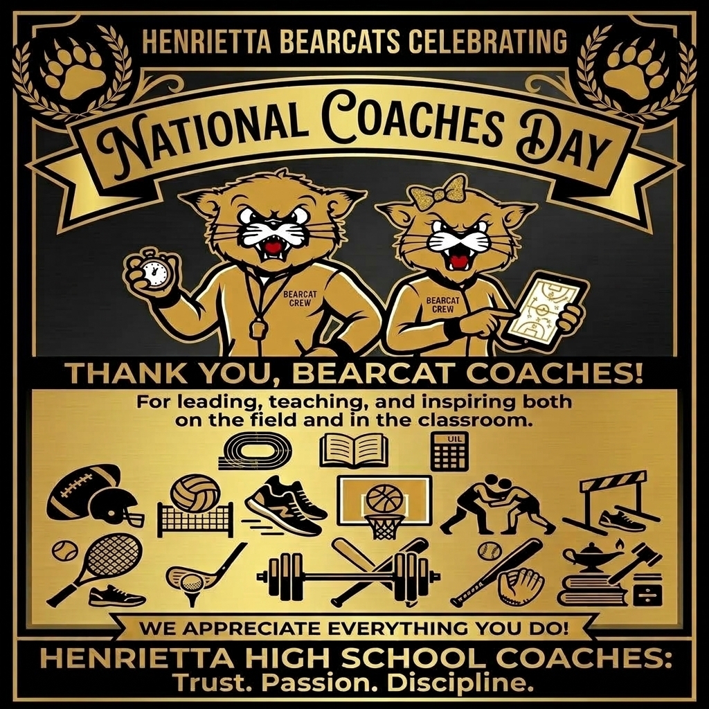 Poster celebrating National Coaches Day. It features a black and gold background with two cartoon cats. The text reads, "Thank you, Bearcat Coaches!"