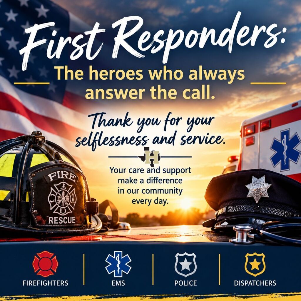 An ad for first responders shows a fire helmet, police hat, and an American flag.