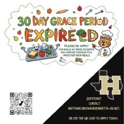 Advertisement for expired 30-day grace period with a chef, bear, tray of food, and QR code. Black and white background.