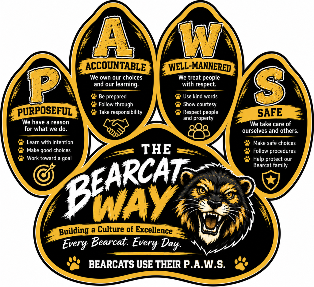 A paw print graphic with a lion in the center. Text reads "The Bearcat Way" and lists traits. Below, "Building a Culture of Excellence" and "Every Bearcat. Every Day."