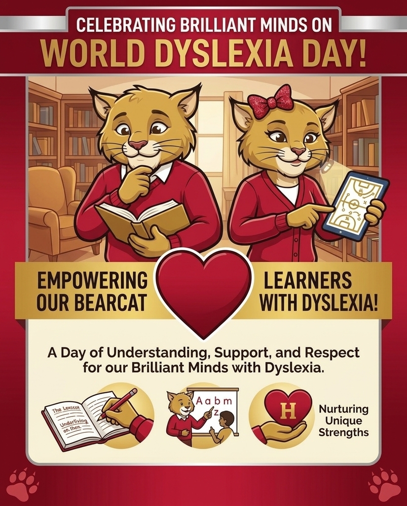 A poster celebrates World Dyslexia Day with two animated cats. One reads a book; the other uses a tablet. A red heart is at the center.