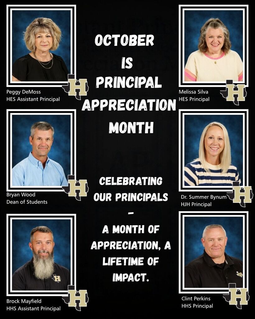 Black background with five photos of people. The top row has two women. The bottom row has three men. Text reads "OCTOBER IS PRINCIPAL APPRECIATION MONTH."