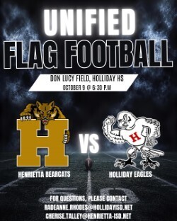 Advertisement for a flag football game between Henrietta Bearcats and Holliday Eagles at Don Lucy Field.