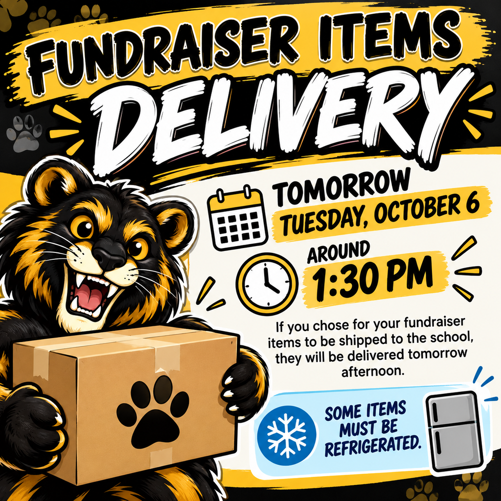 Bearcat holds a box with a paw print. Text reads: Fundraiser items delivery, Tomorrow Tuesday, October 6 around 1:30 PM.