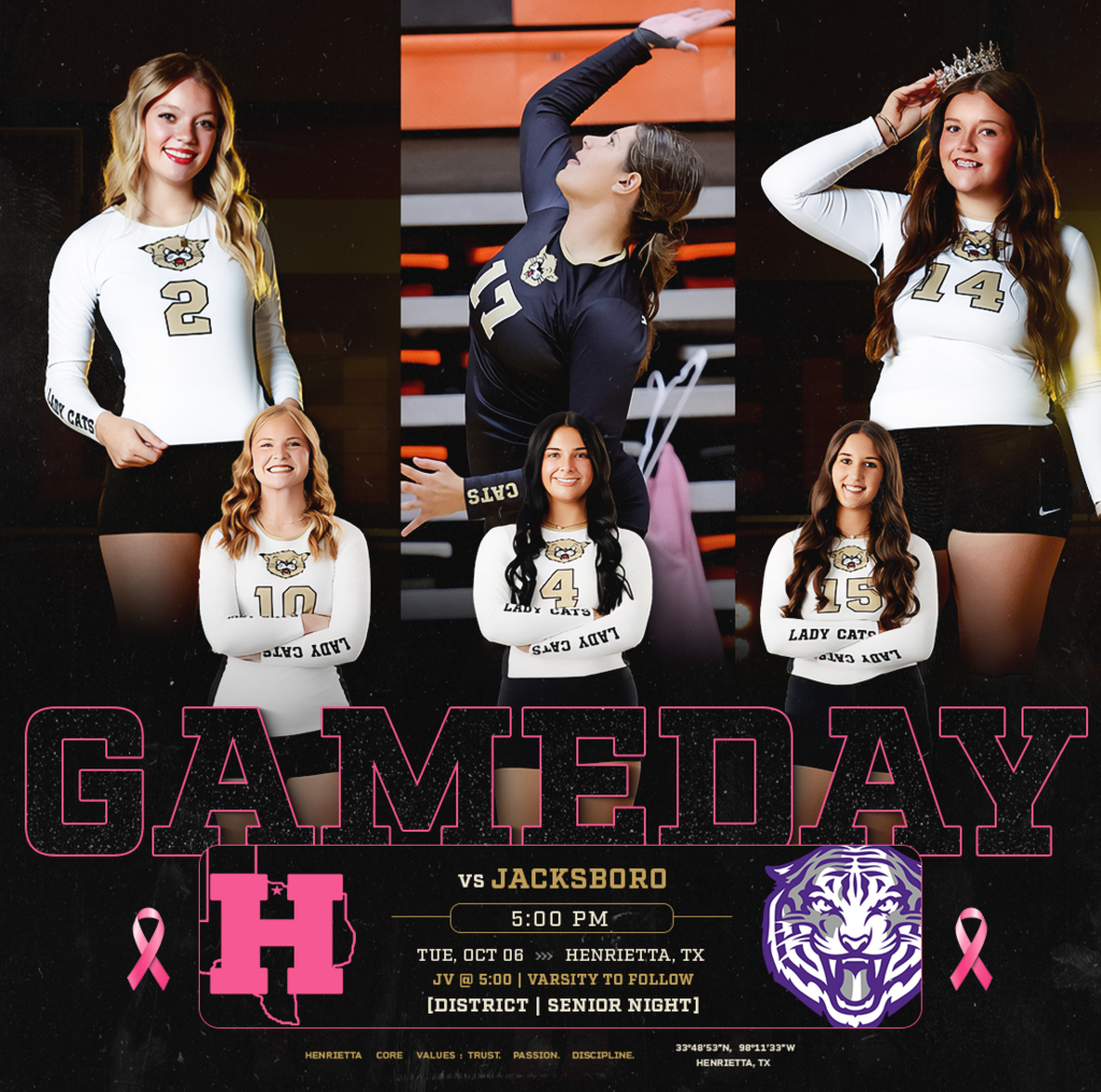 GAME DAY 🏐🩷 District. Senior Night. LETS GO! Come pack the gym and support our Ladycats as they take on Jacksboro! Henrietta, TX JV @ 5:00 | Varsity to follow #TPD