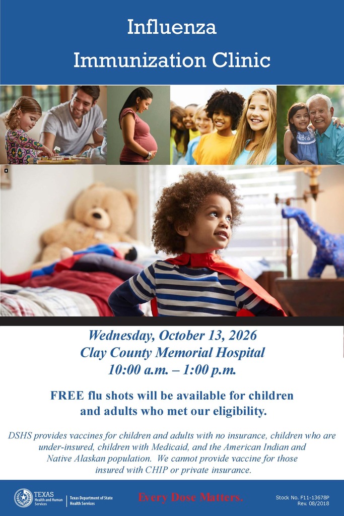 Flyer for an Influenza Immunization Clinic on October 13, 2026, featuring families and children.