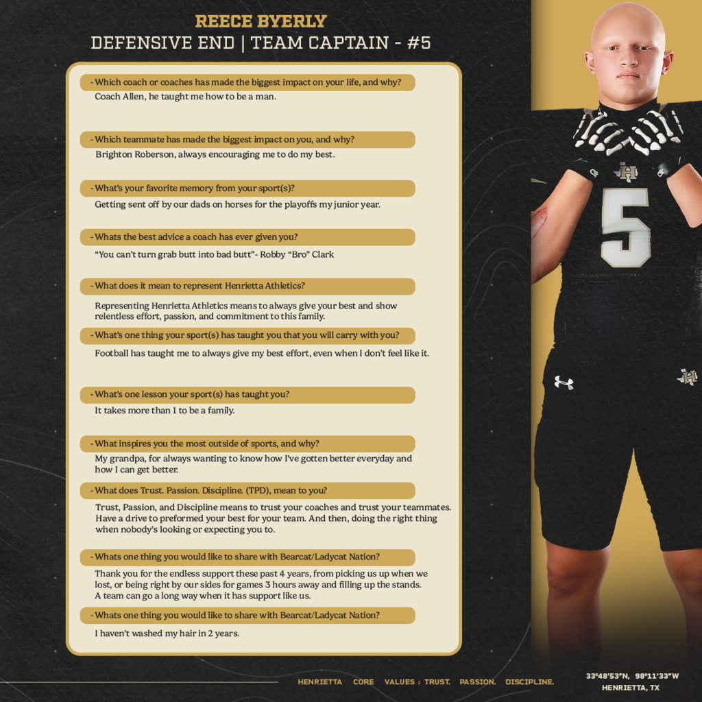 🐾 SENIOR SPOTLIGHT | REECE BYERLY Next up in our 2026 Senior Spotlight Series is #5, Reece Byerly! A team captain and defensive end, Reece represents Henrietta Football through relentless effort, passion, and commitment to the guys beside him. He understands that it takes more than one person to build a family and takes pride in giving his best even on the days he may not feel like it. Reece also wanted to thank Bearcat Nation for four years of support, from picking the guys up after tough nights to traveling hours away and filling the stands. One last ride, #5. Stay true. Finish strong. #TPD | #HenriettaFB
