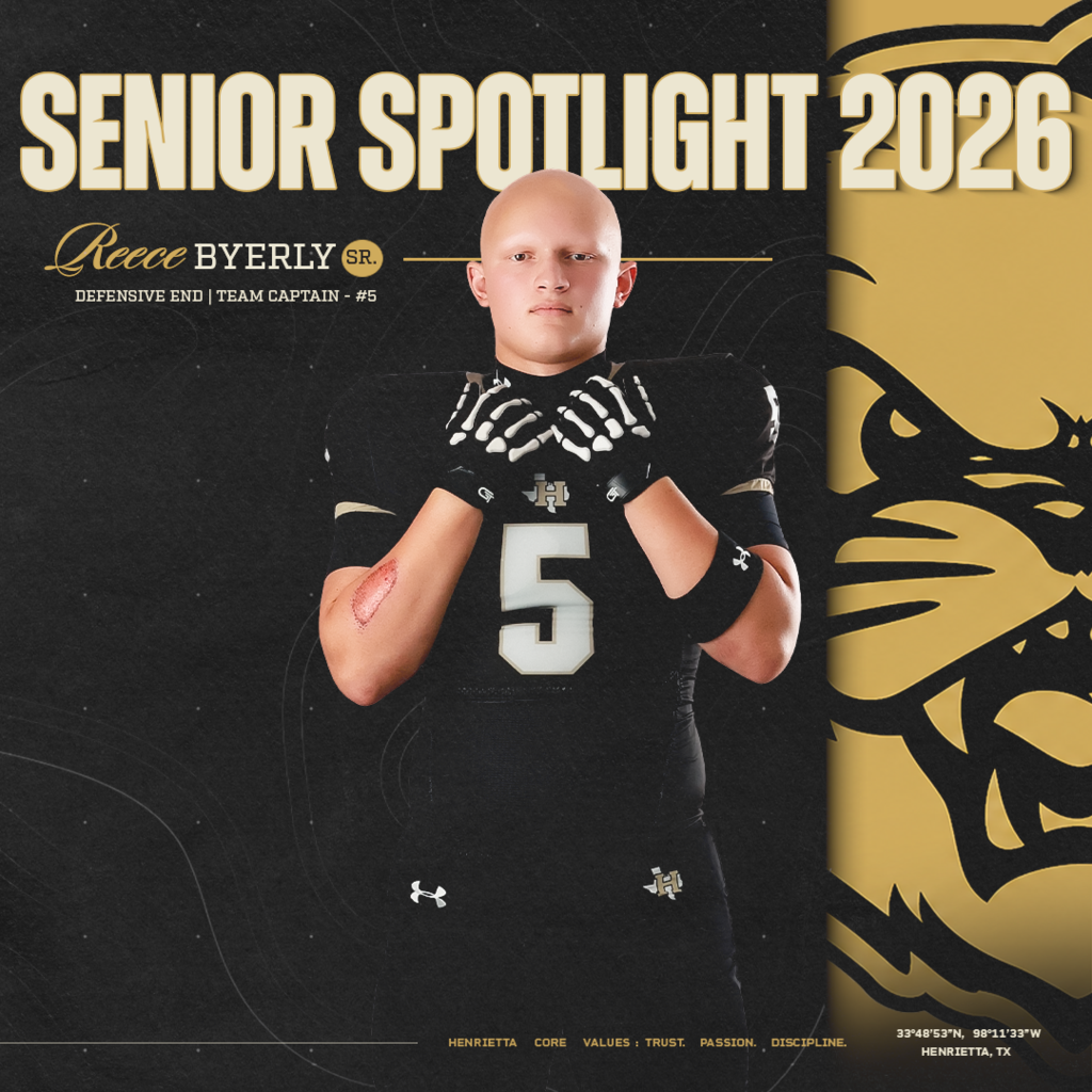 🐾 SENIOR SPOTLIGHT | REECE BYERLY Next up in our 2026 Senior Spotlight Series is #5, Reece Byerly! A team captain and defensive end, Reece represents Henrietta Football through relentless effort, passion, and commitment to the guys beside him. He understands that it takes more than one person to build a family and takes pride in giving his best even on the days he may not feel like it. Reece also wanted to thank Bearcat Nation for four years of support, from picking the guys up after tough nights to traveling hours away and filling the stands. One last ride, #5. Stay true. Finish strong. #TPD | #HenriettaFB