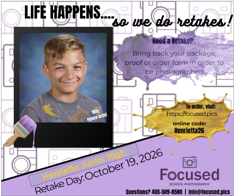 A poster advertises retake day with a young boy's photo, offering a chance to retake school photos with a specific code.