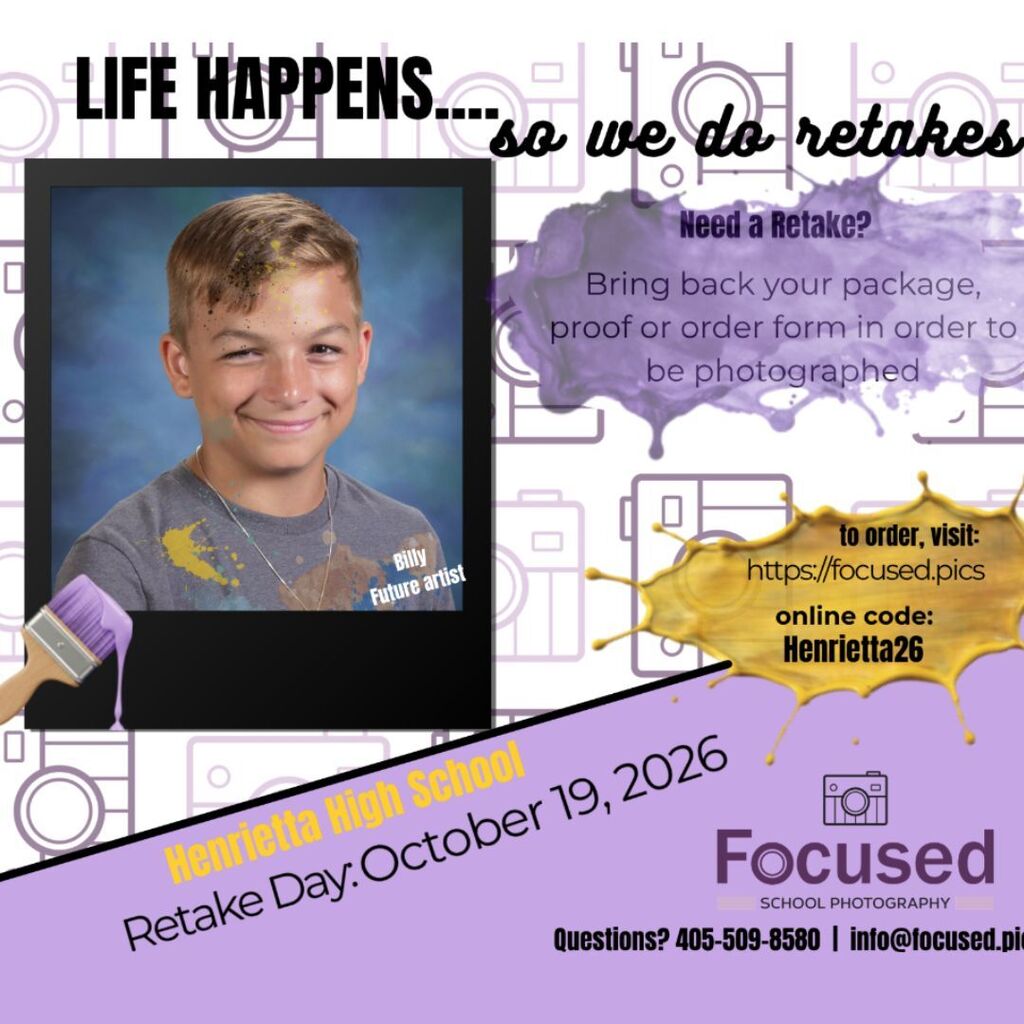 A poster with a boy's photo, a paintbrush, and a purple background. Text reads "LIFE HAPPENS... so we do retakes."