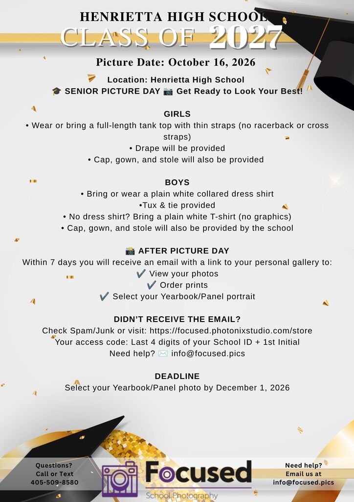 A flyer for Henrietta High School's Class of 2027 senior picture day. It includes details on what to wear and what will be provided.
