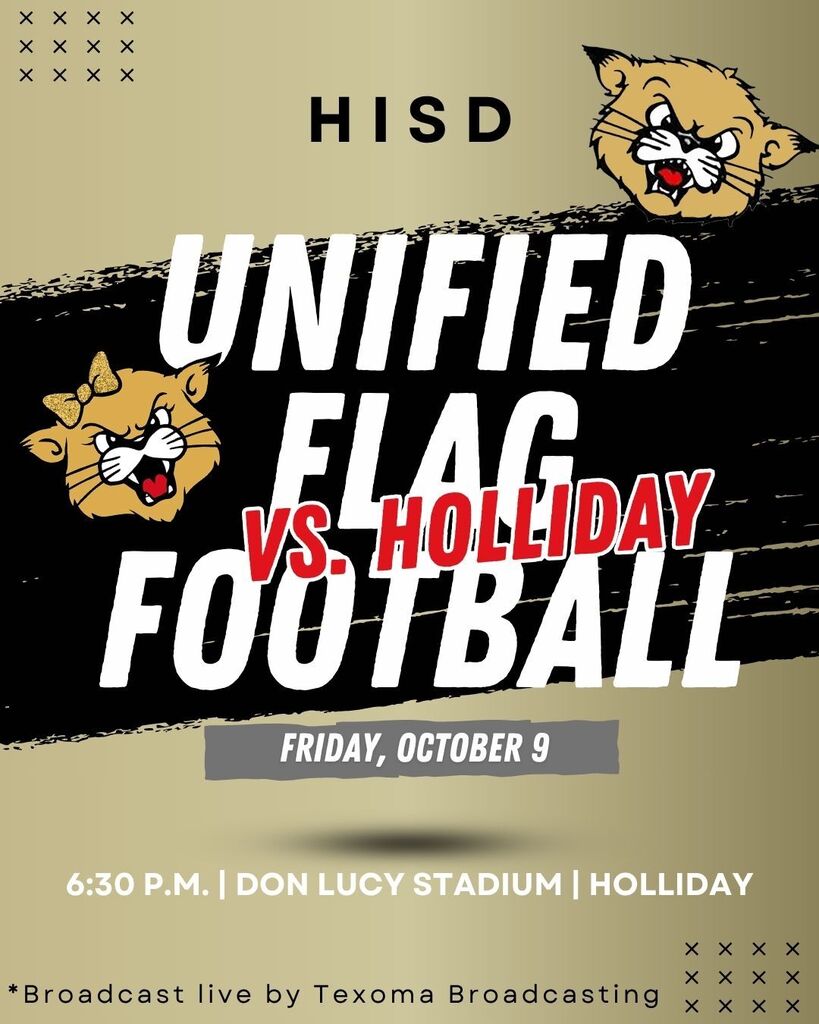 An event poster with a logo and text reading "Unified Flag vs. Holliday Football" above a pair of cat heads.